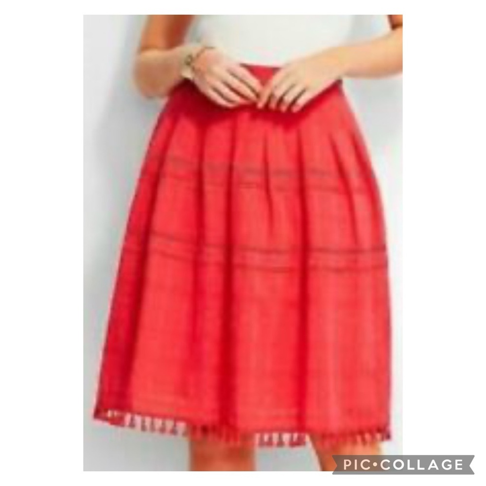 NWT Talbots Coral Red Tassel Trim Gauze A Line Midi Skirt